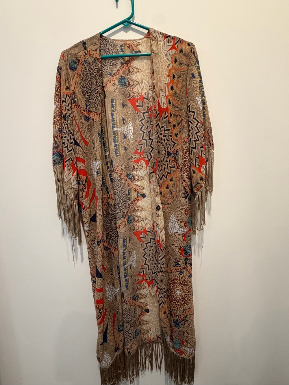Boho Fringe Open-Front Cardigan in Tan & Multicolor